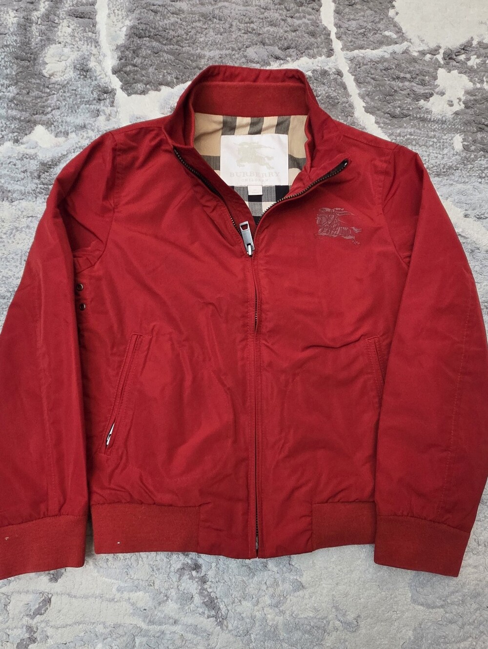 Burberry Kids Red Bomber Jacket with Check Lining
